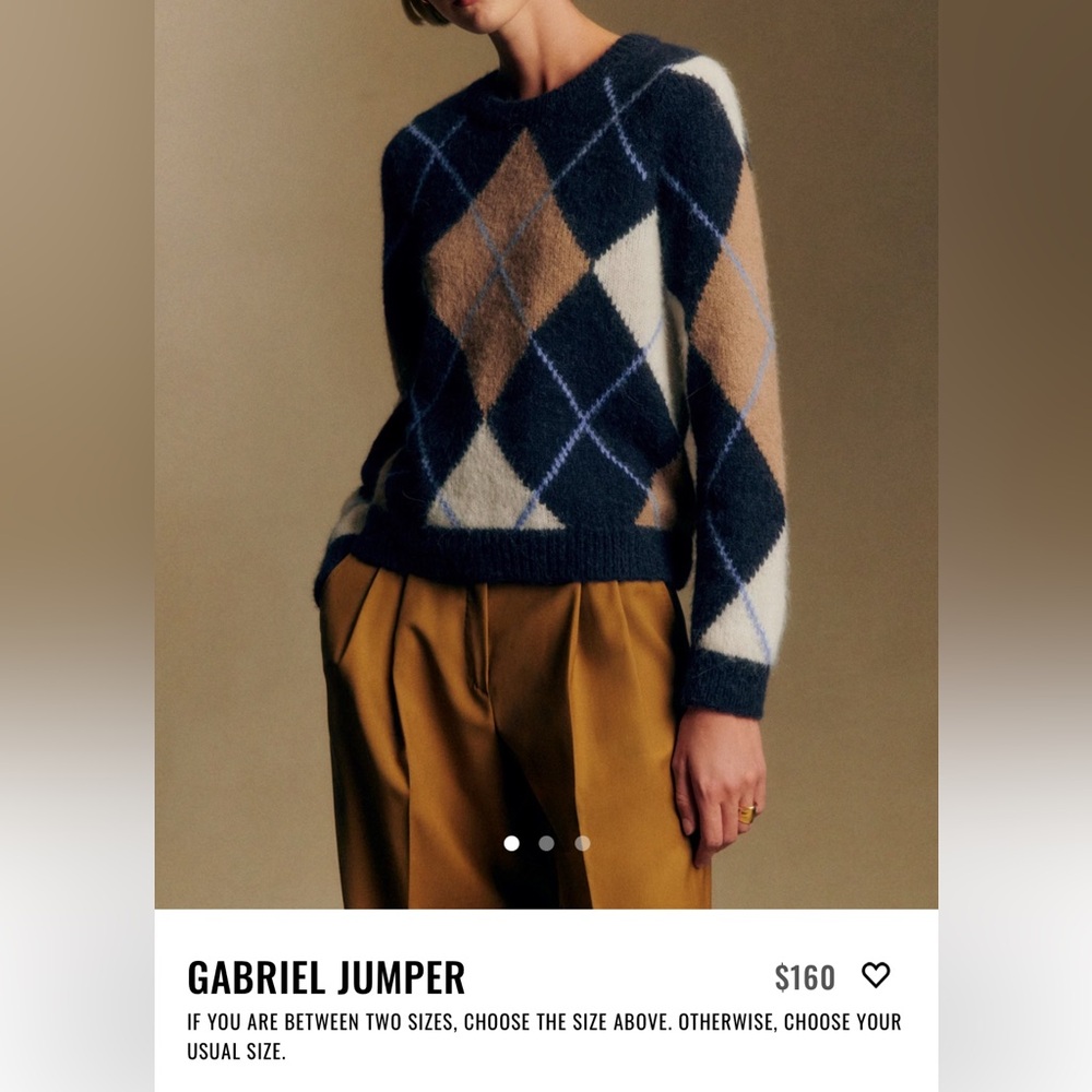 NWT Sezane Gabriel Jumper, size S (alpaca and wool. navy/tan jacquard plaid)